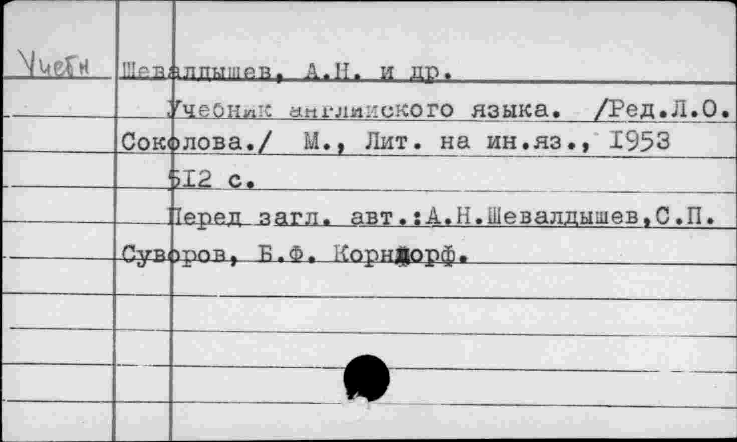 ﻿		1лпышввг А.Н. и ДГ.
	з	гчеОНиК английского языка. /Ред.Л.О.
	Сок<	»лова./ М., Лит. на ин.яз.» 1953
	1	^с.	
		Тарвд агл. авт. ;А.Н.Шевалдышев»С ,П.
	П.ур	>рпн, Б. Ф. КорнД^орф.
		
		
			
		
		